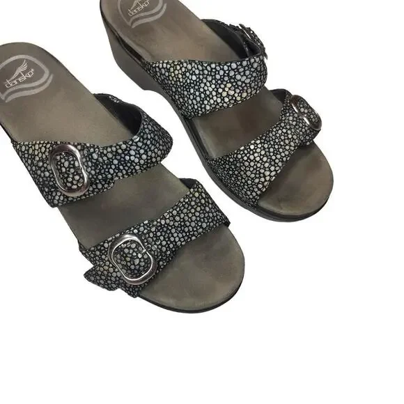 Dansko Sophie Double Strap Wedge Black Metallic Polka Dot Sandals Women Size 8.5 - Picture 5 of 7
